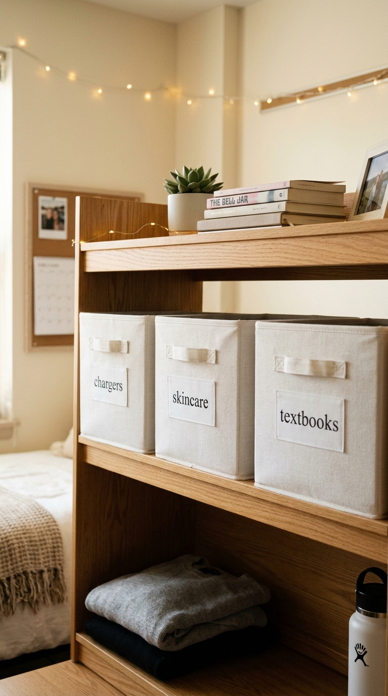 Matching white-labeled storage bins on a college dorm shelf, creating a clean and organized storage system that's easy to maintain
