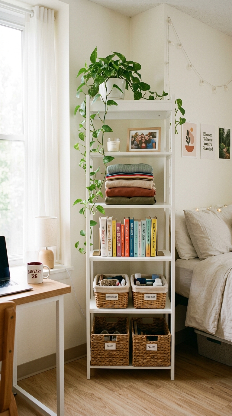 Narrow freestanding shelf unit in a college dorm room corner storing books, clothes, and plants to maximize unused space