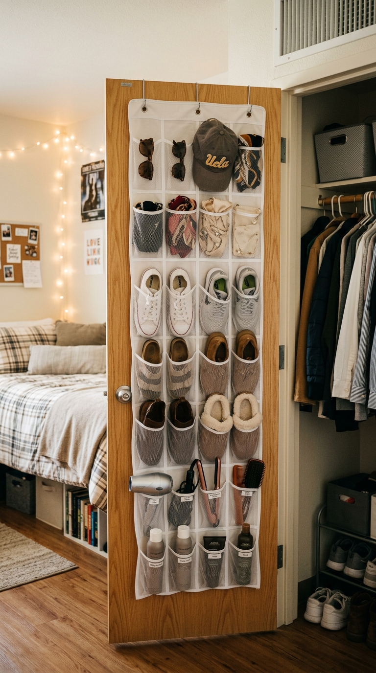 Over-the-door fabric organizer on a college dorm closet door holding shoes and accessories for space-saving dorm storage