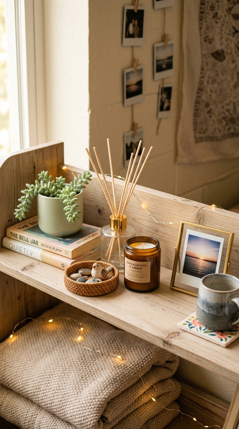 Reed diffuser and decorative scent accessories in dorm room