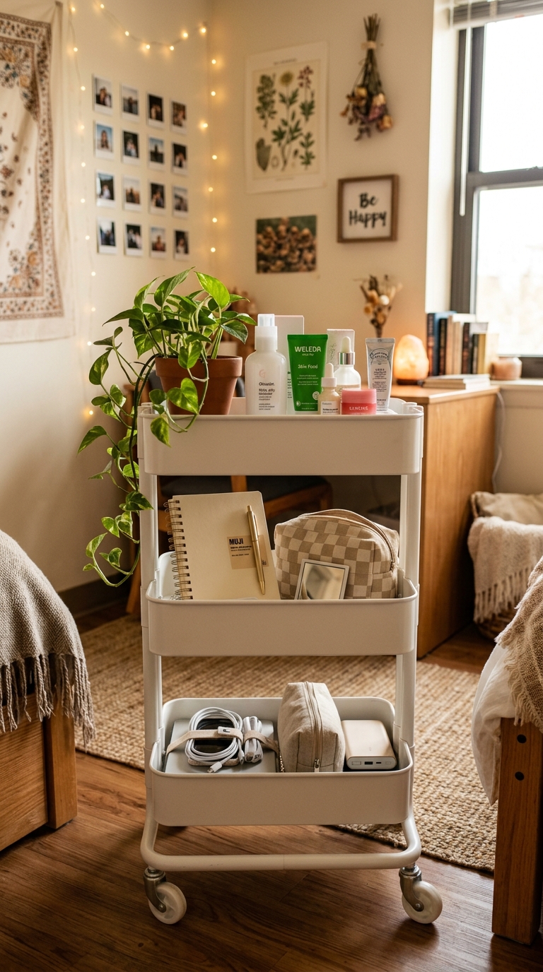 White three-tier rolling cart in a college dorm room styled with plants, skincare, and school supplies for flexible dorm storage