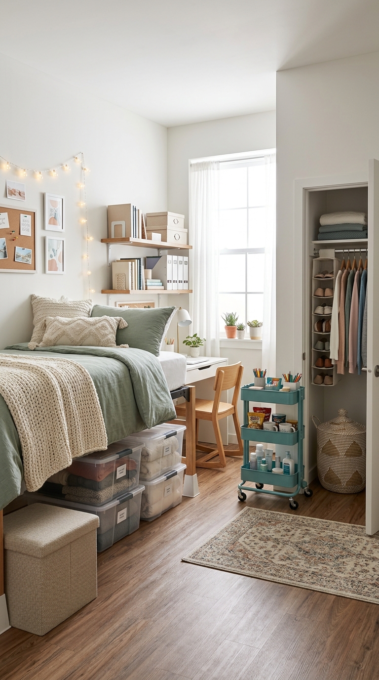 Organized dorm room with creative storage solutions and space-saving furniture