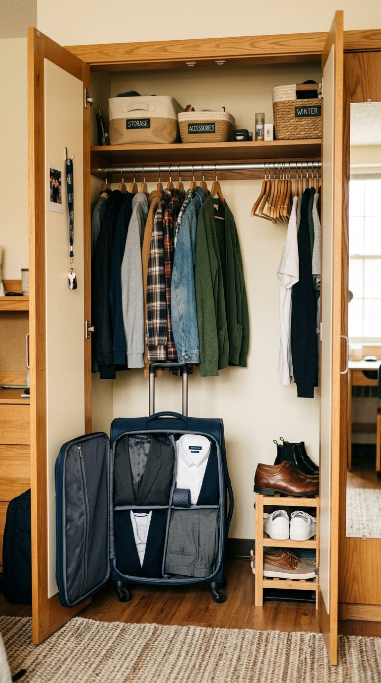Open suitcase used as storage in a college dorm closet holding formal wear and shoes to maximize small closet space