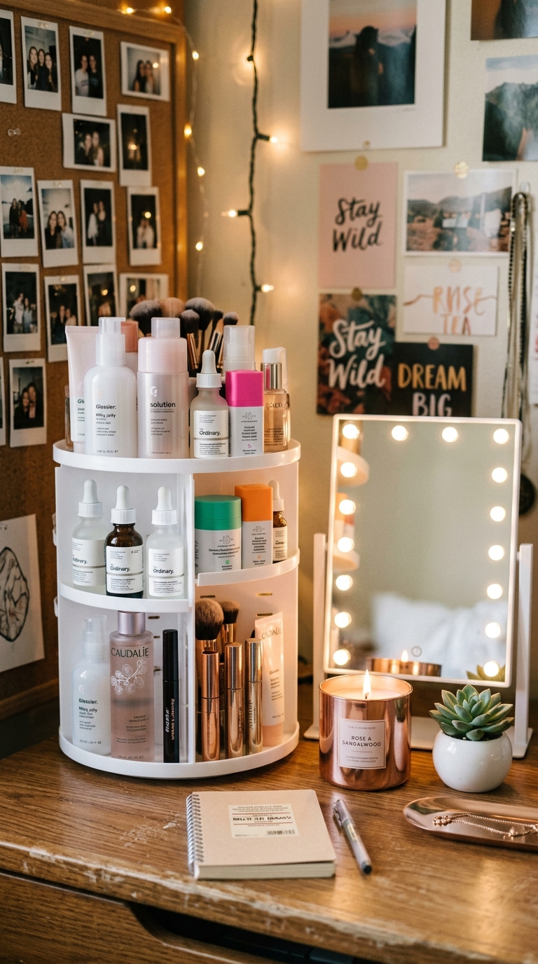 White rotating skincare organizer on a college dorm desk beside a mirror for organized daily beauty routine storage