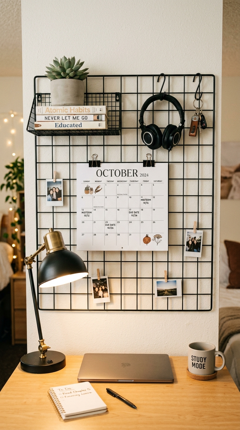 Black wire grid panel above a college dorm desk holding plants, books, and accessories for wall-mounted customizable storage