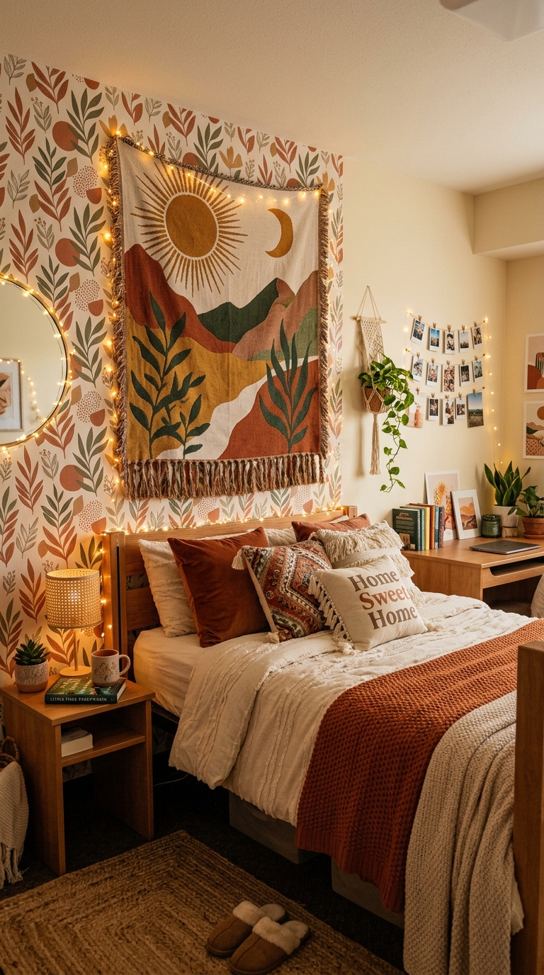 Dorm room featuring tapestry and removable wallpaper