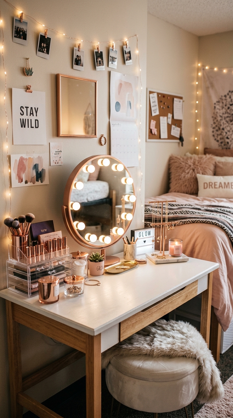 Small dorm vanity corner with makeup storage and lighting