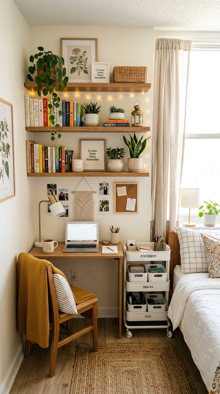 Dorm room wall shelves maximizing storage space