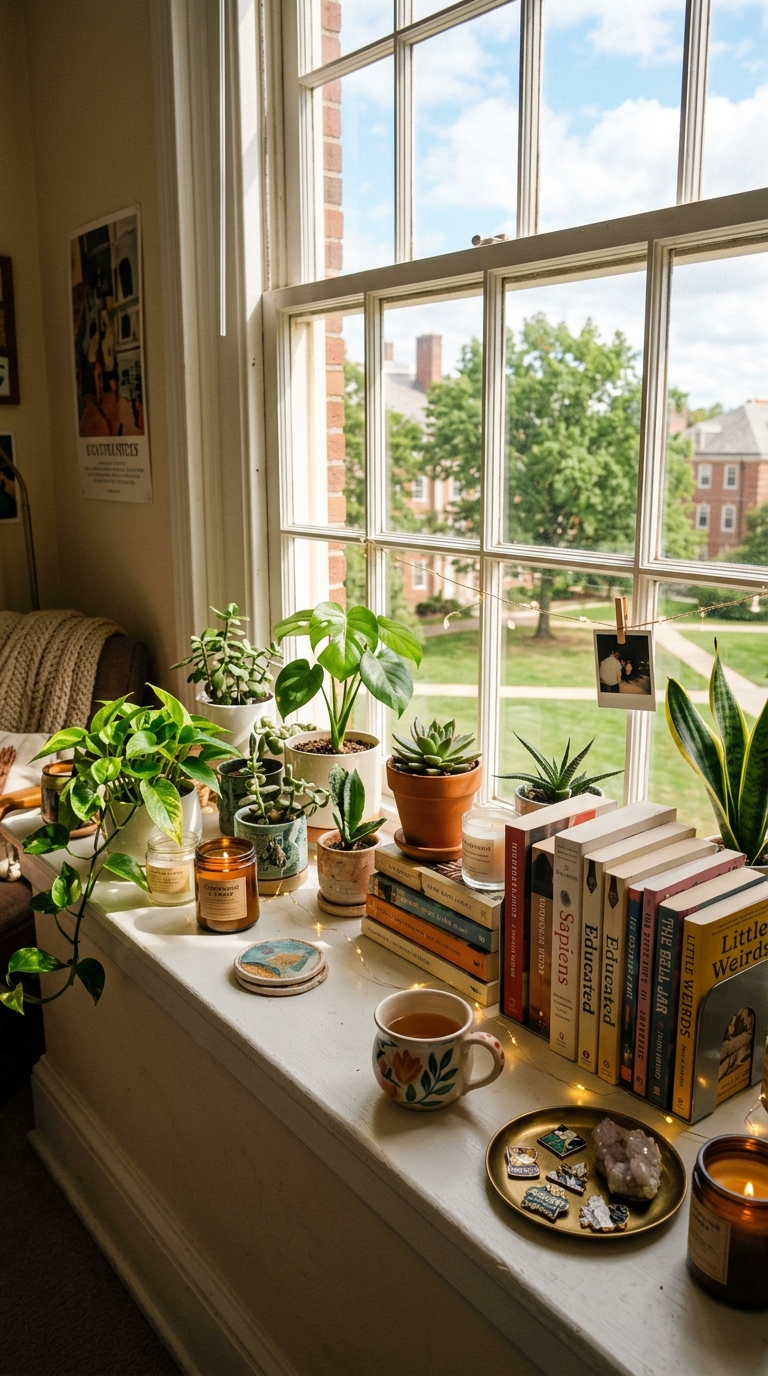 Dorm windowsill decorated with plants and decor items
