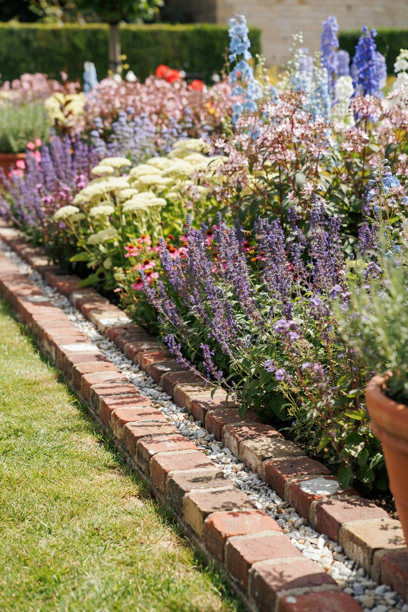 Double row brick garden edging with gravel fill creating a wide, architectural border between lawn and flower bed
