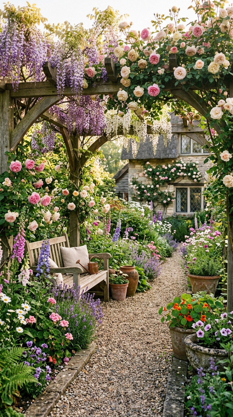 Dreamy cottage garden pergola with climbing roses and flowers