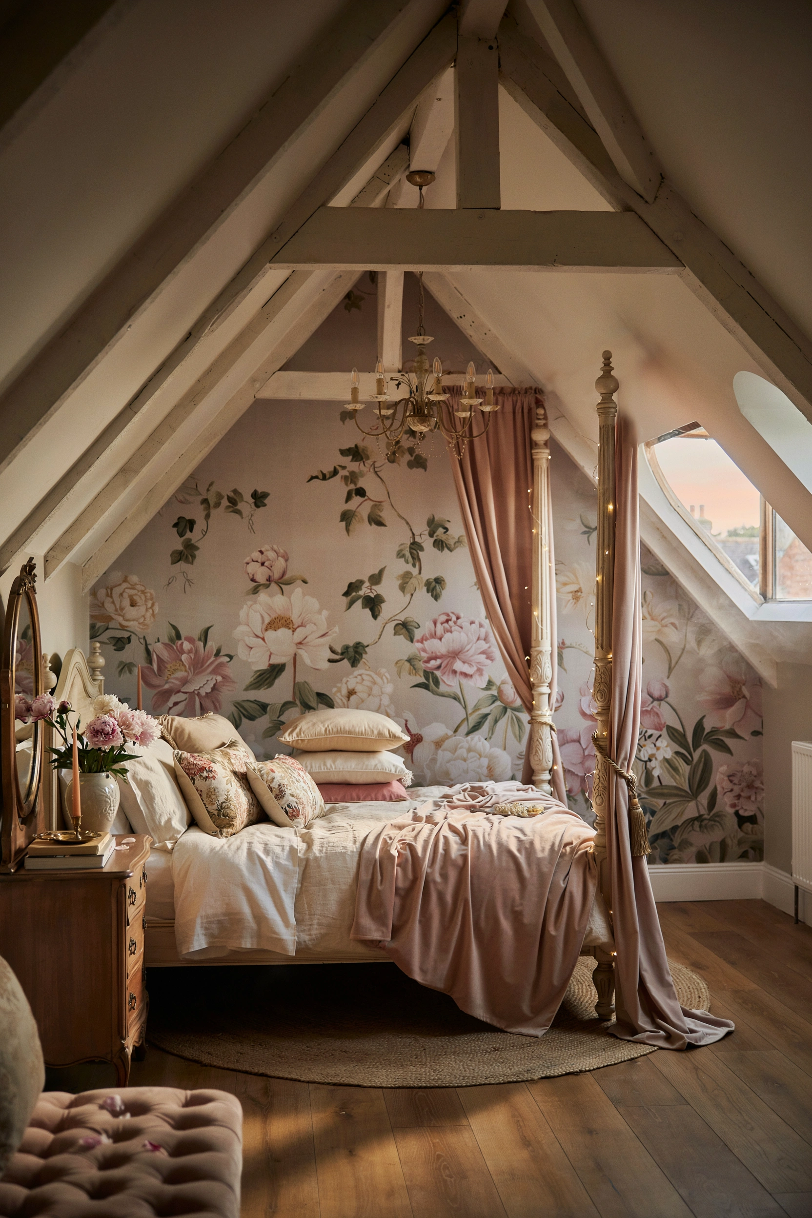 Dreamy girls' attic bedroom with sheer canopy, blush bedding, and vintage floral wallpaper