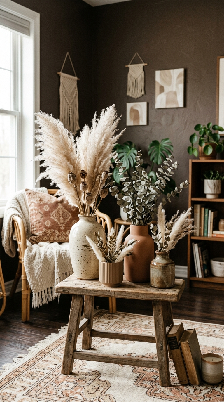 Dried pampas grass in earthy ceramic vases styled in a dark boho living room corner
