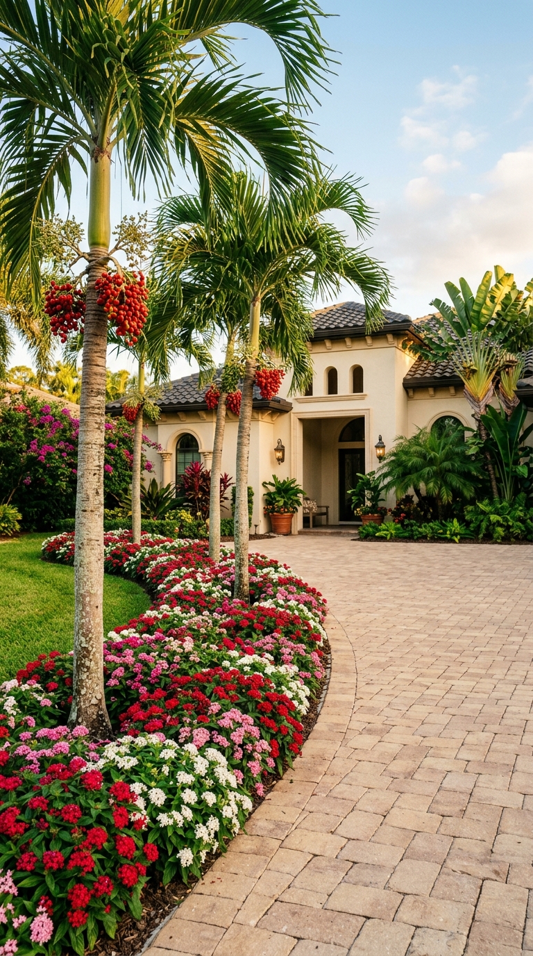 Florida driveway border landscaping with Christmas palms and colorful pentas ground cover for tropical curb appeal