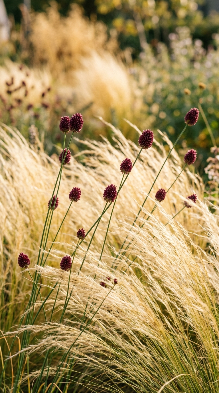 Drumstick allium sphaerocephalon rising through ornamental feather grass in a naturalistic garden border