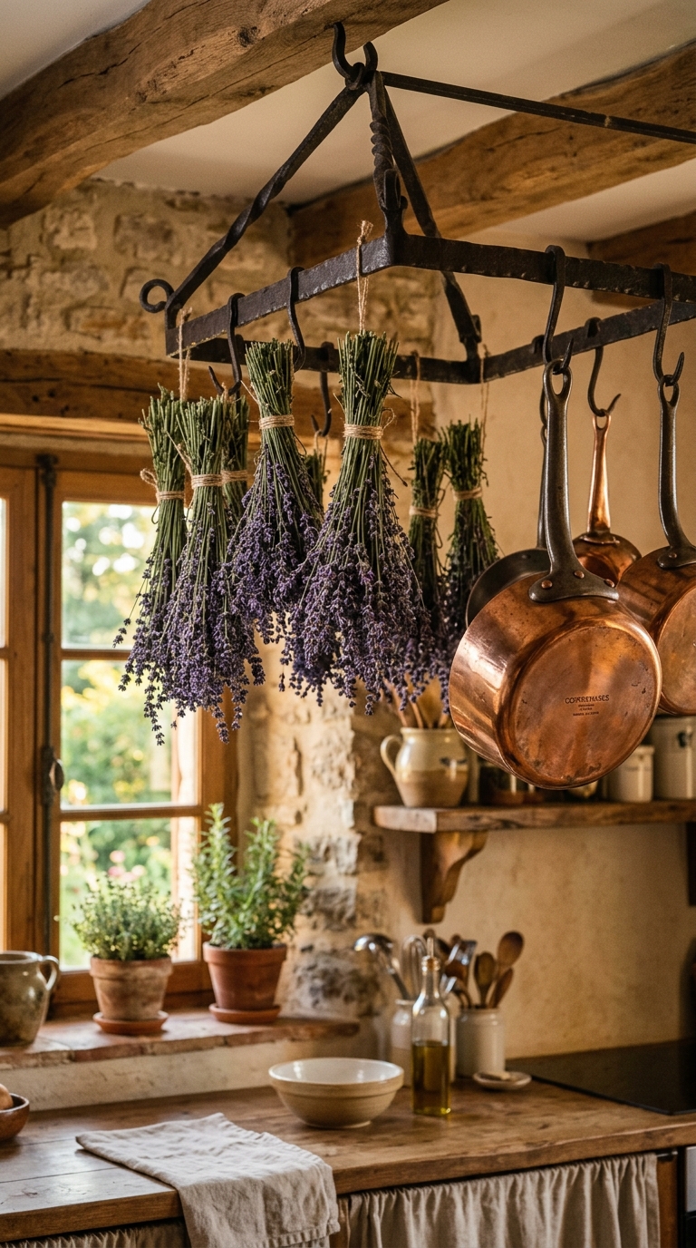 Fresh lavender bundles drying on a kitchen pot rack alongside copper pans for summer decor