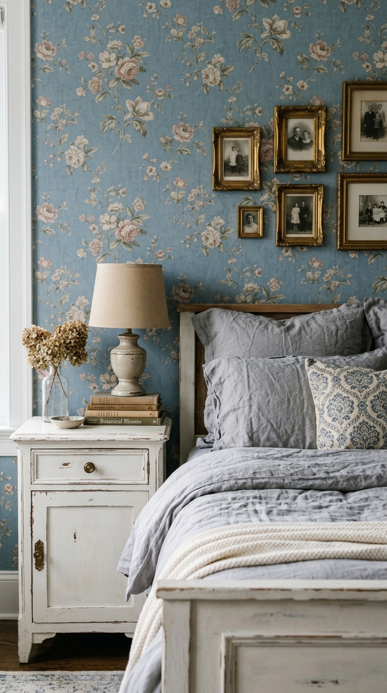 Dusty blue vintage floral wallpaper in a sophisticated shabby chic bedroom with white furniture and grey linen
