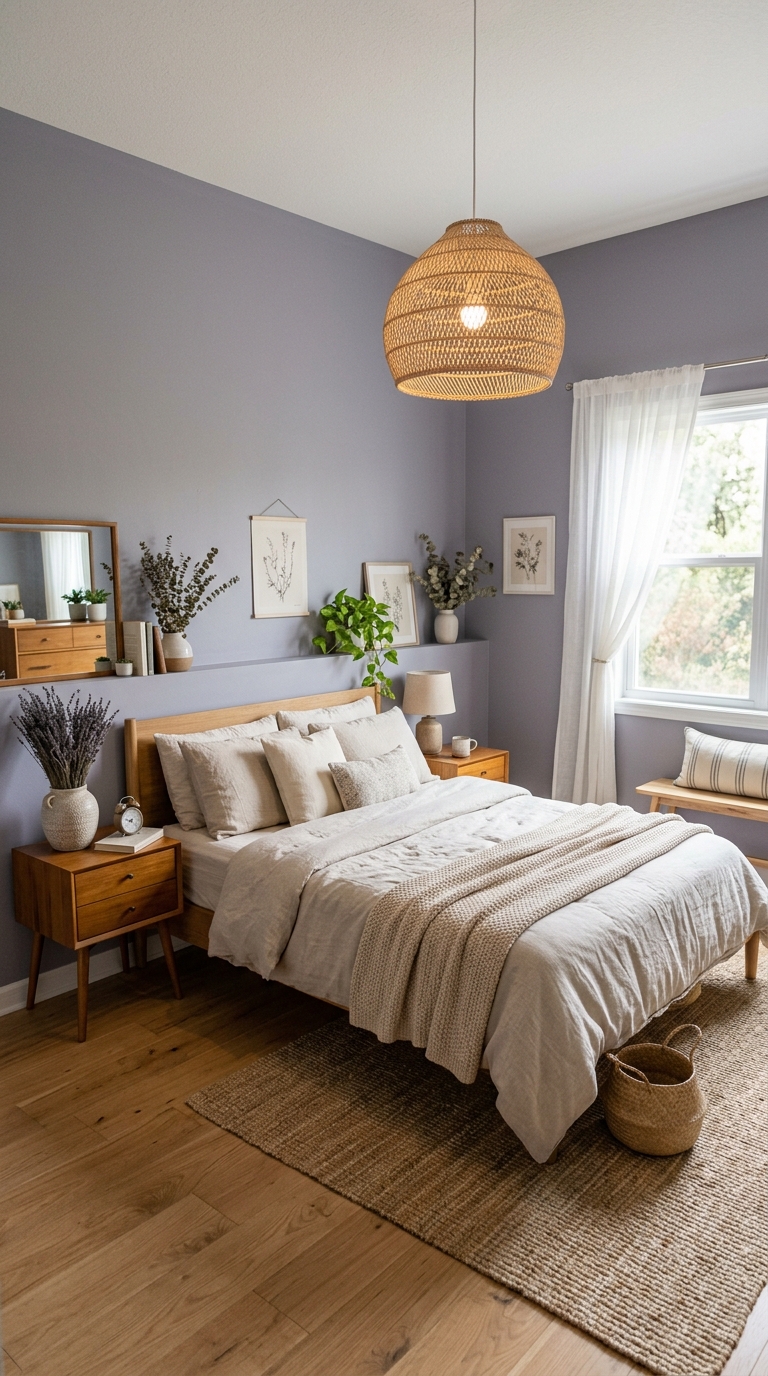 Dusty lavender bedroom with linen bedding and rattan accents for a soft, airy look