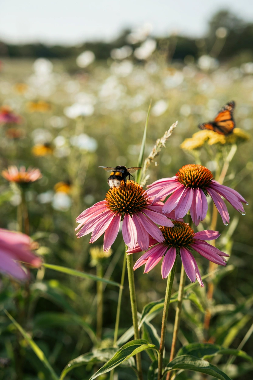 Pink echinacea coneflowers attracting bumblebees in a native pollinator garden in summer