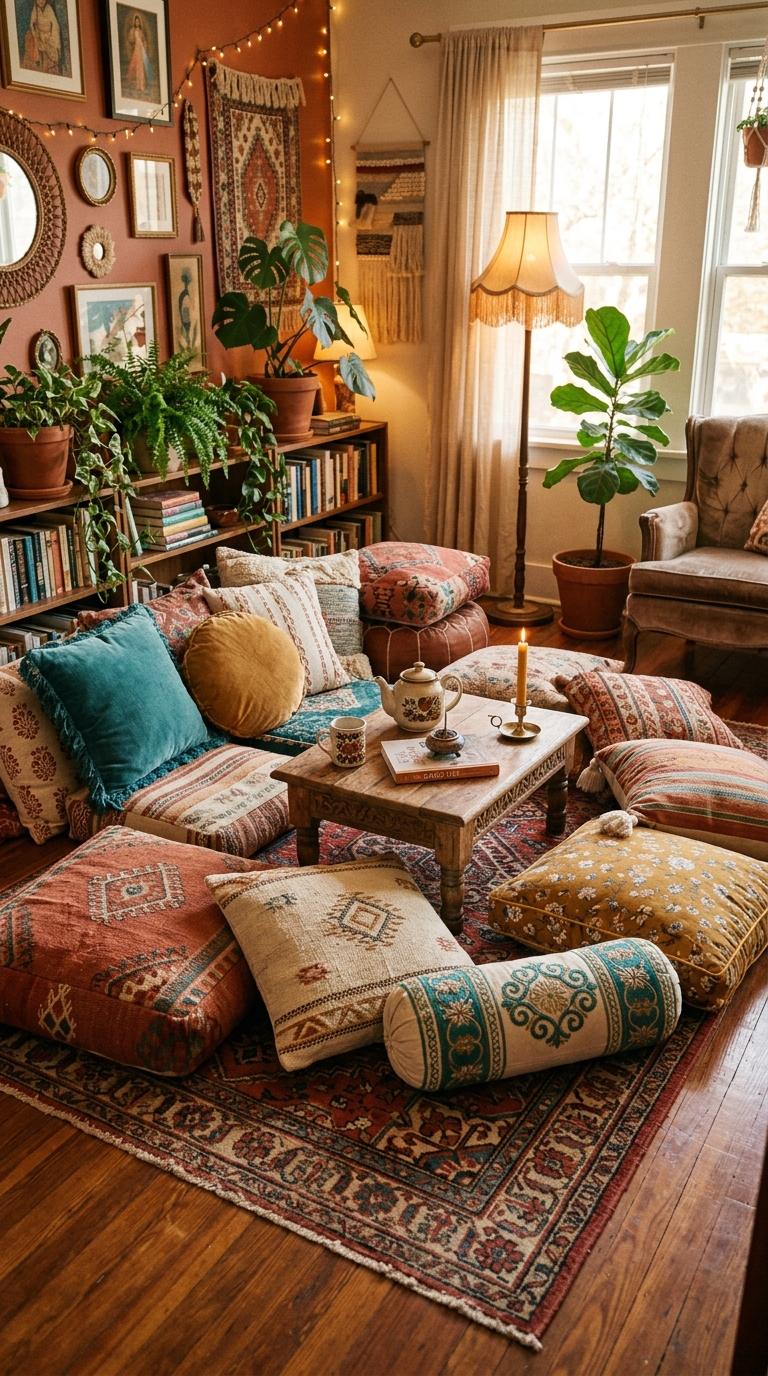 Eclectic mixed cushion floor seating in a maximalist living room with layered patterns, textures, and warm tones