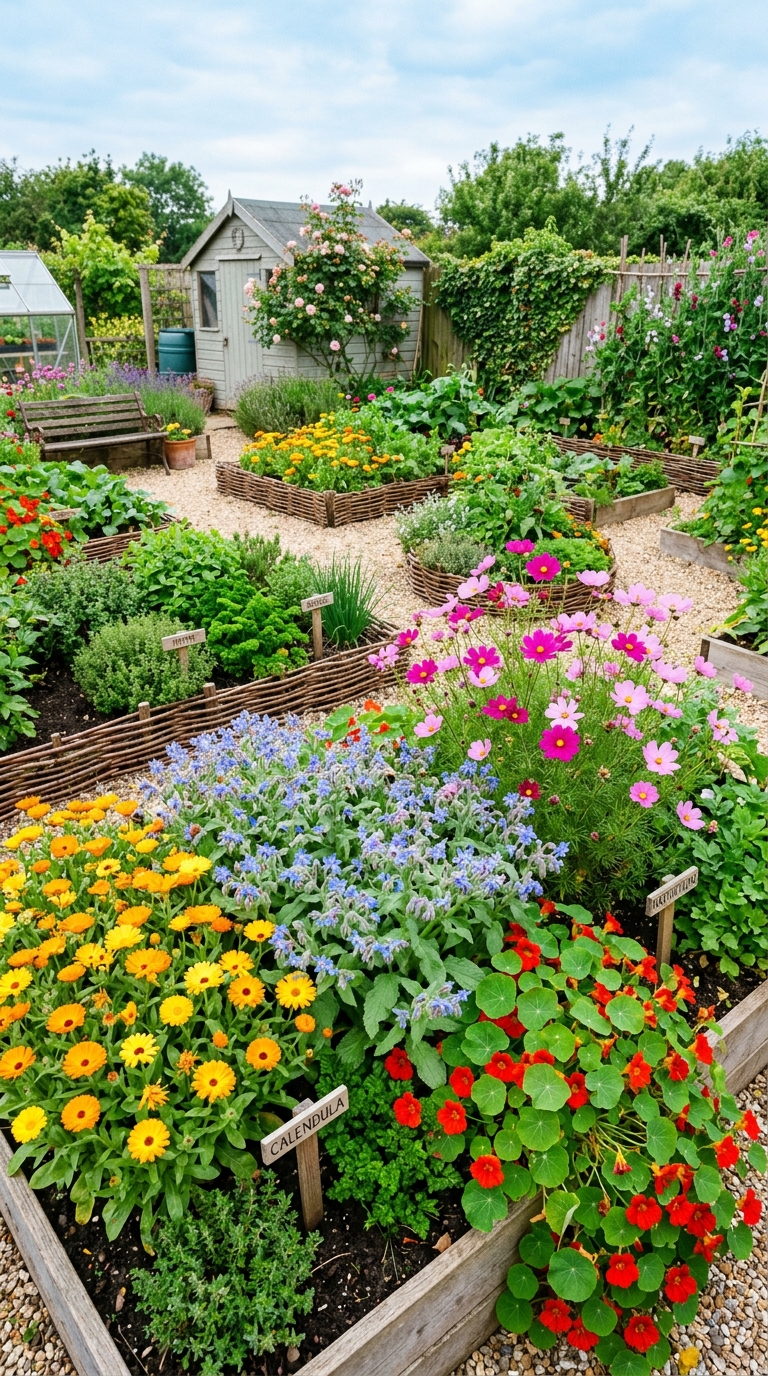 Edible flower potager garden with calendula, borage, nasturtiums, and cosmos in colorful raised beds