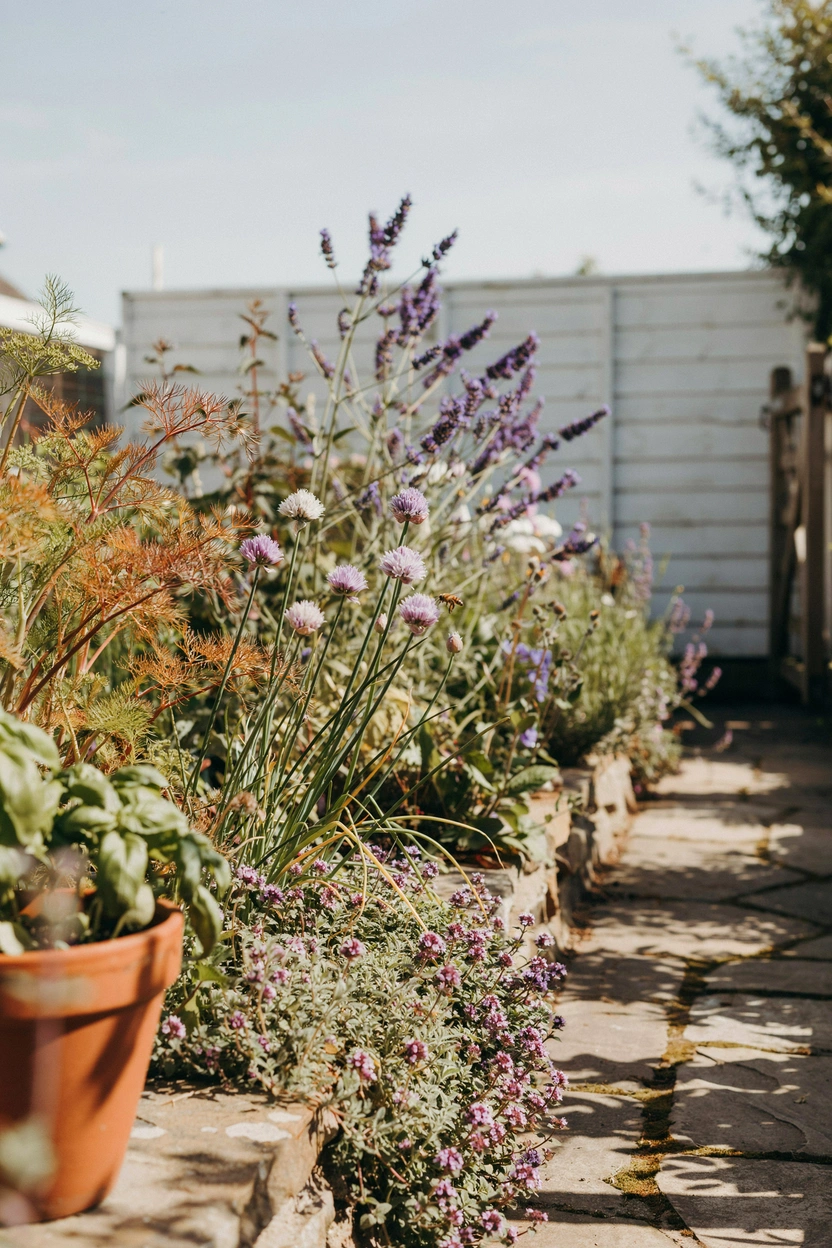 Edible herb and flower perennial cottage garden border with lavender, chives, and creeping thyme