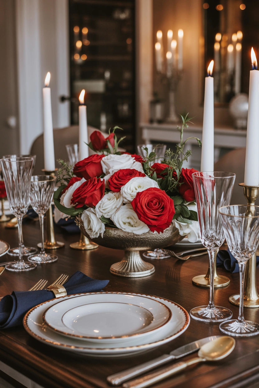 Elegant 4th of July dinner table setting with white china, crystal stemware, and red rose floral centerpiece