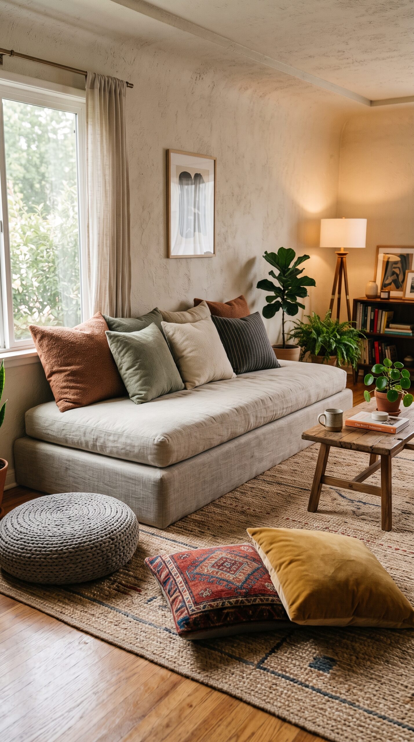 Low elevated platform floor seating with thick cushions and surrounding floor pillows in a cozy living room