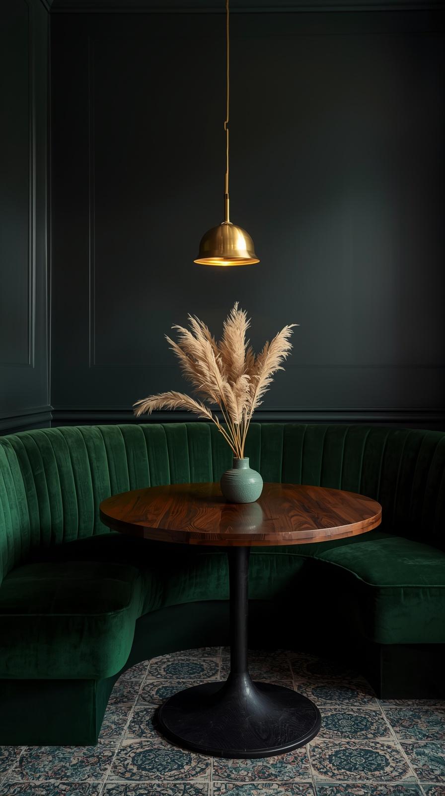 Moody breakfast nook with deep emerald velvet banquette, dark wood table, and brass pendant light