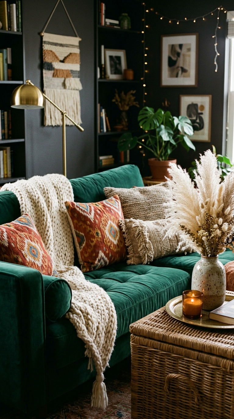 Emerald velvet sofa with layered textured pillows in a dark boho living room