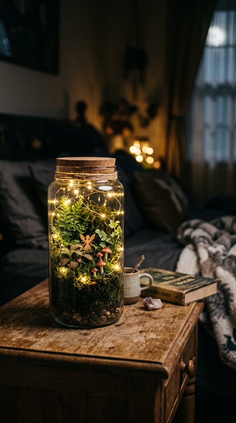 Glowing fairy garden terrarium with LED lights and moss in a large glass jar