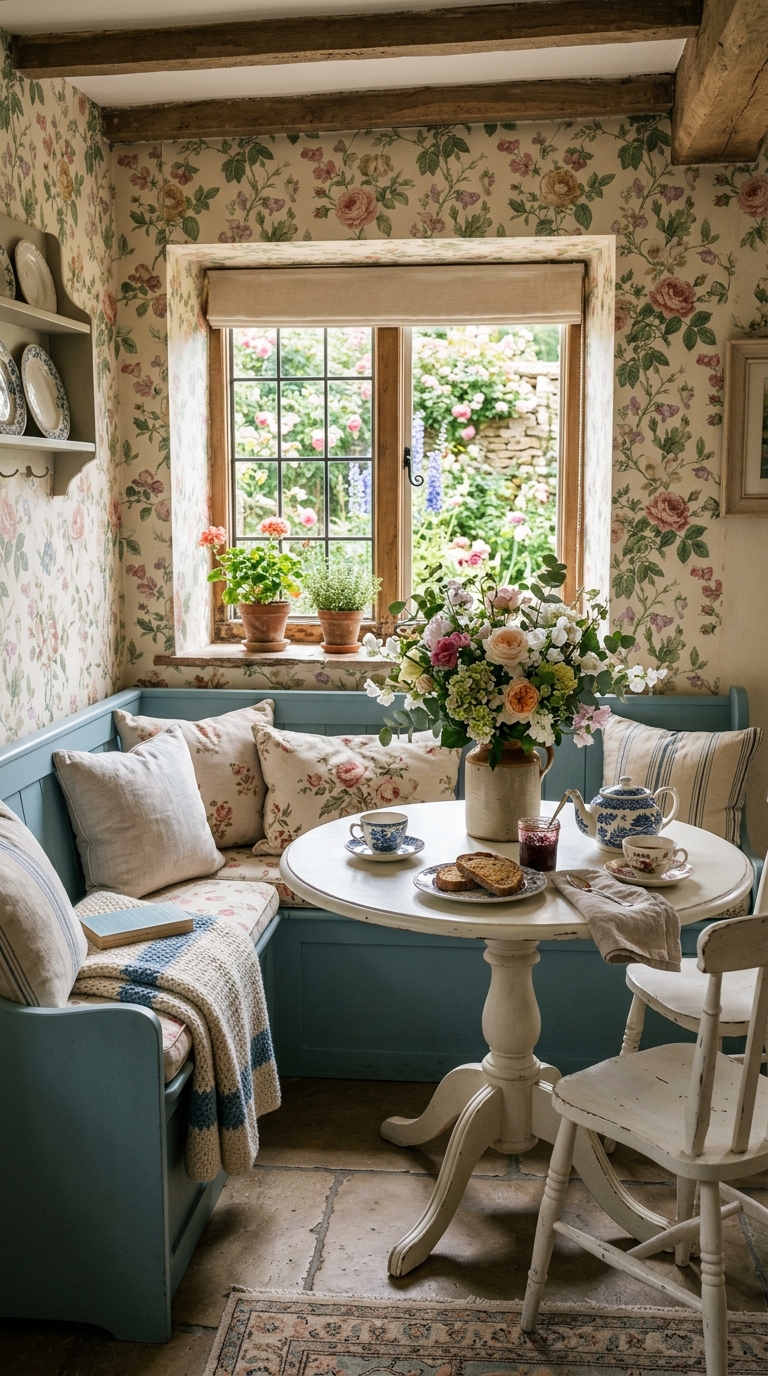 Cottage breakfast nook with farmhouse table, mismatched vintage chairs, and lace table runner