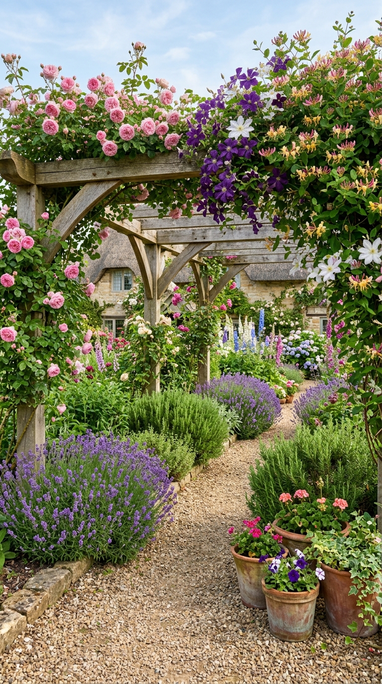 English cottage garden pergola with mixed climbing vines and herb garden beneath