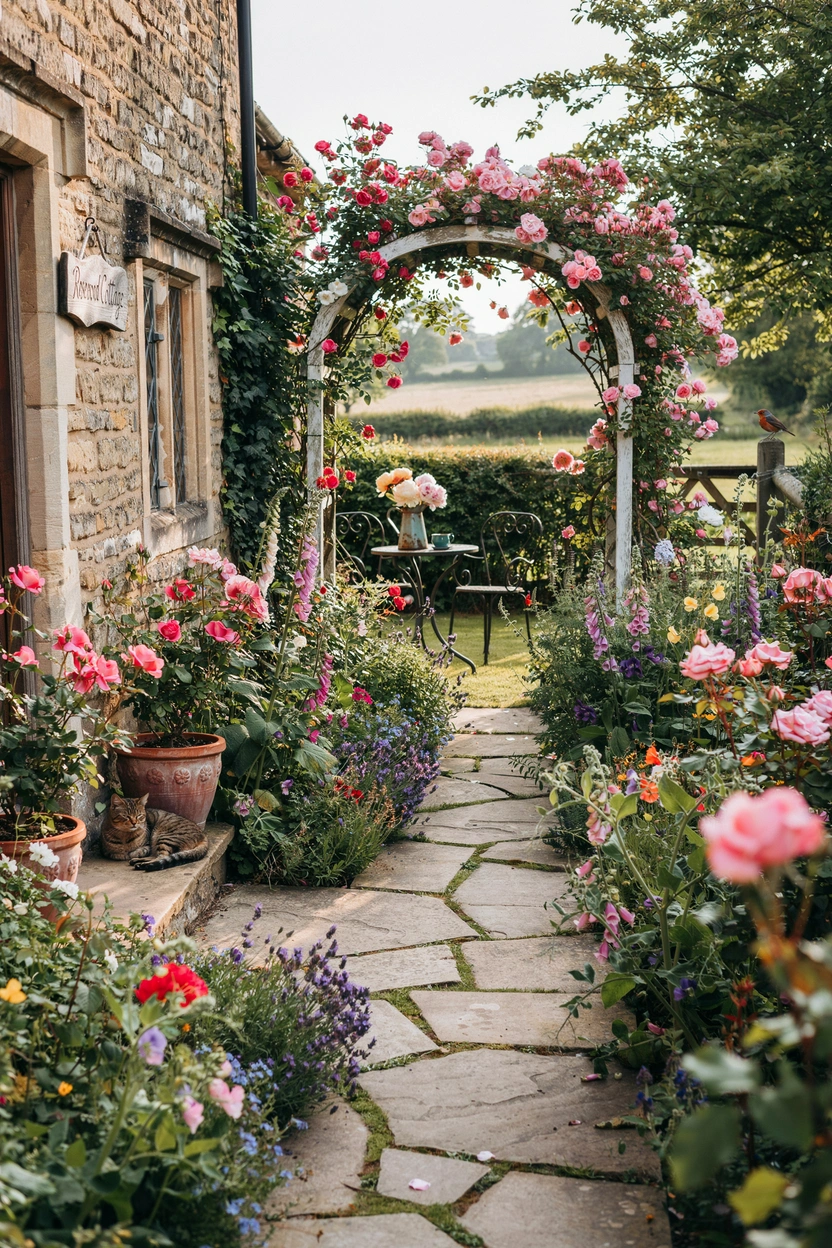 cottage garden rose ideas with an English countryside inspired rose garden