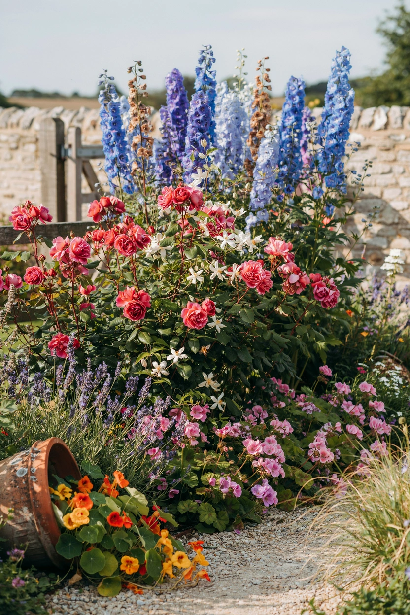 Layered English cottage garden rose border with delphiniums, shrub roses, and lavender