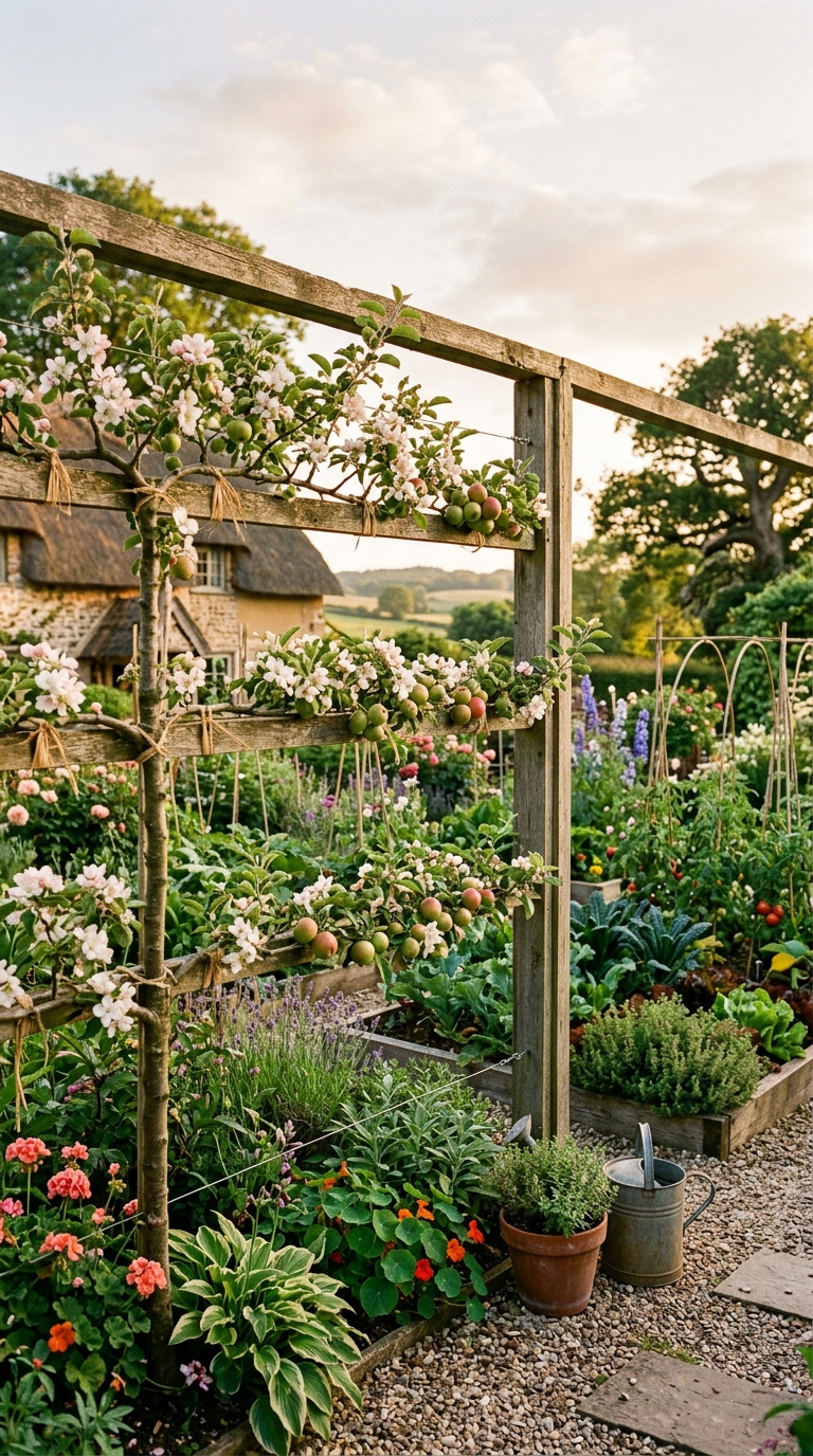 Espalier fruit tree border layout in a potager garden