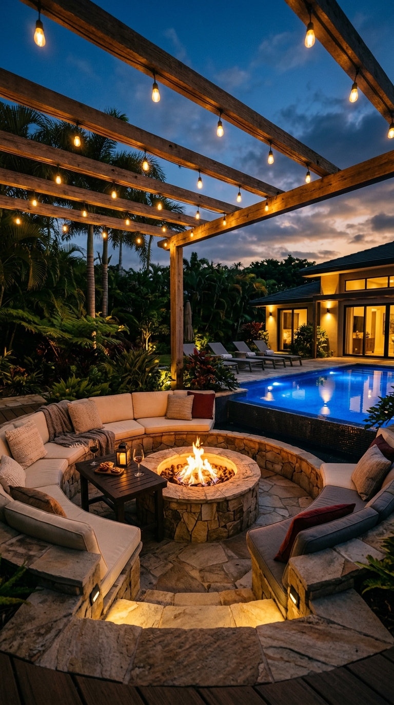 Sunken fire pit idea with pergola lighting for evening pool parties