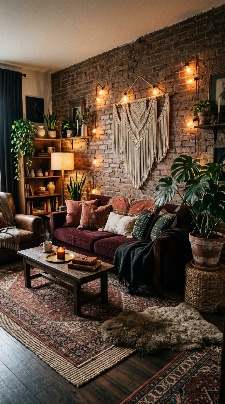 Exposed brick wall in a dark boho living room with velvet sofa and warm Edison lighting