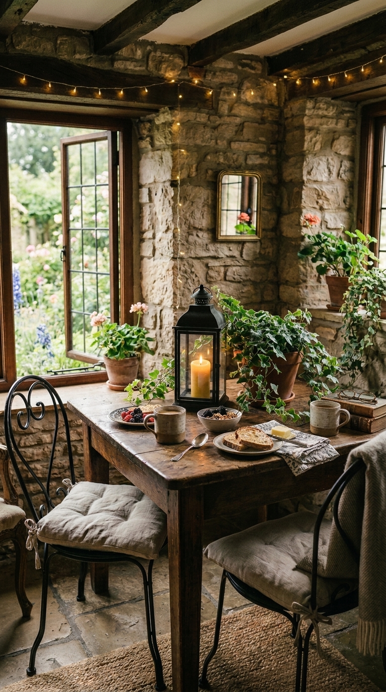 Rustic cottage breakfast nook with exposed stone wall and wrought iron chairs