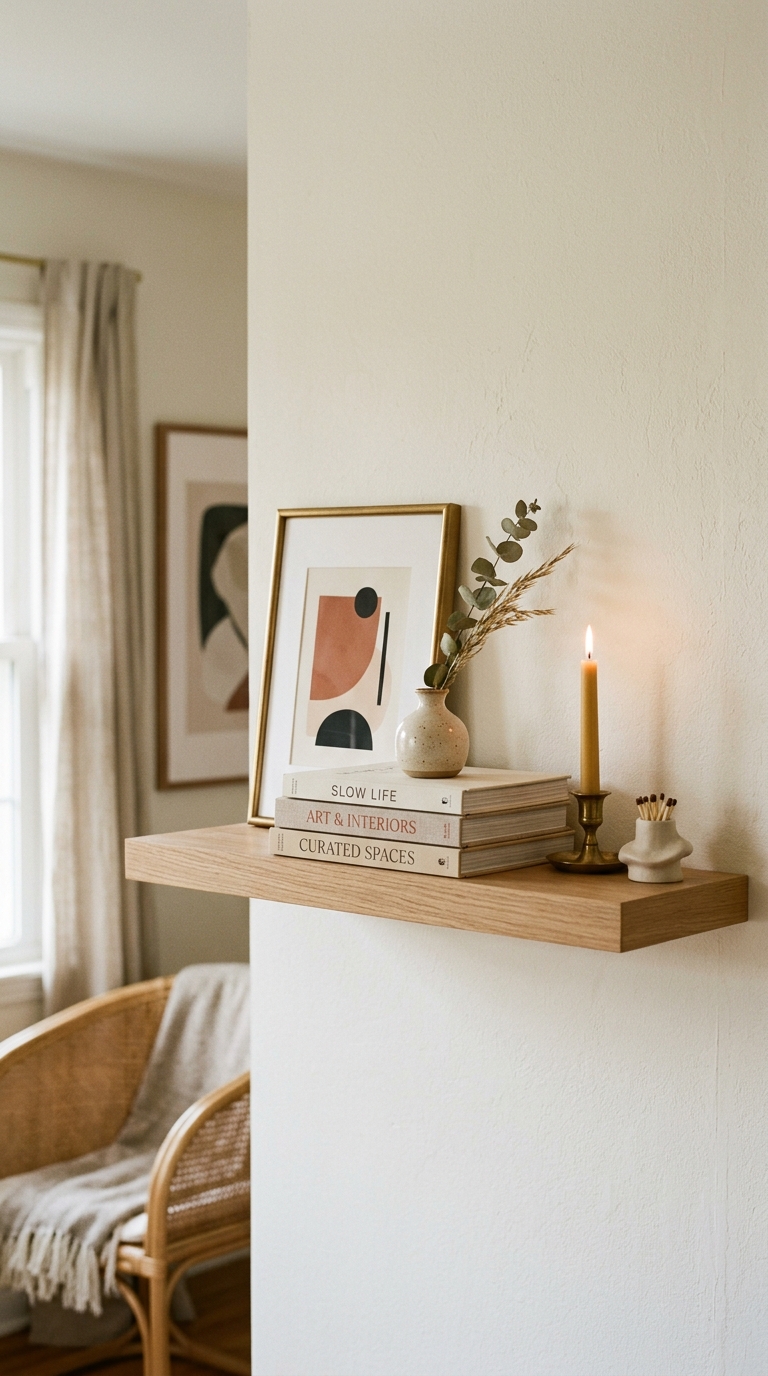 Living room bookshelf with one book cover facing outward, leaning against row of books with small decorative object beside it