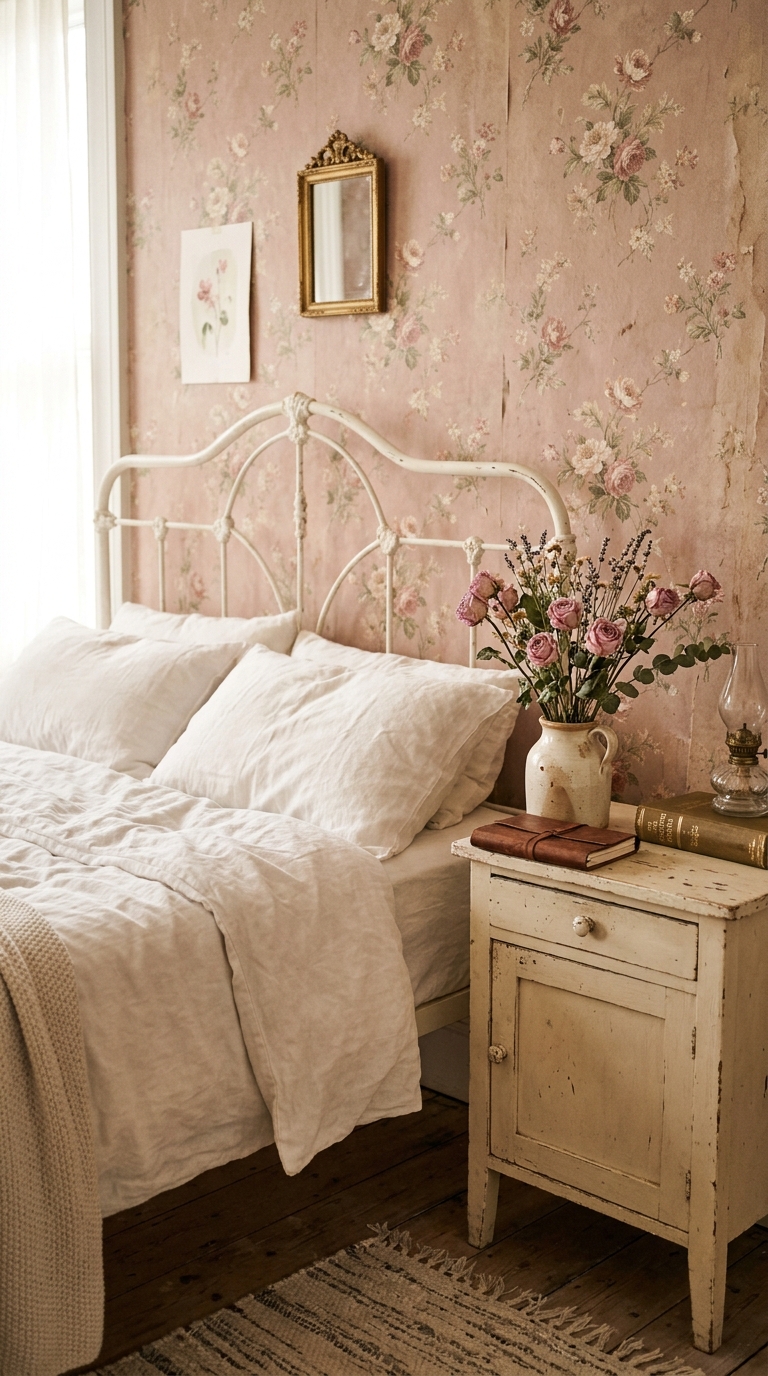 Faded rose print wallpaper on a shabby chic bedroom accent wall with white wrought iron bed and linen bedding