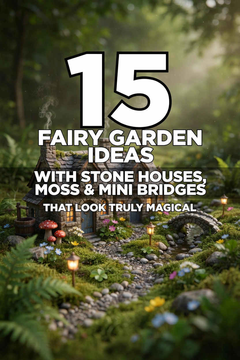 Enchanting fairy garden with moss, miniature stone houses, and tiny bridges