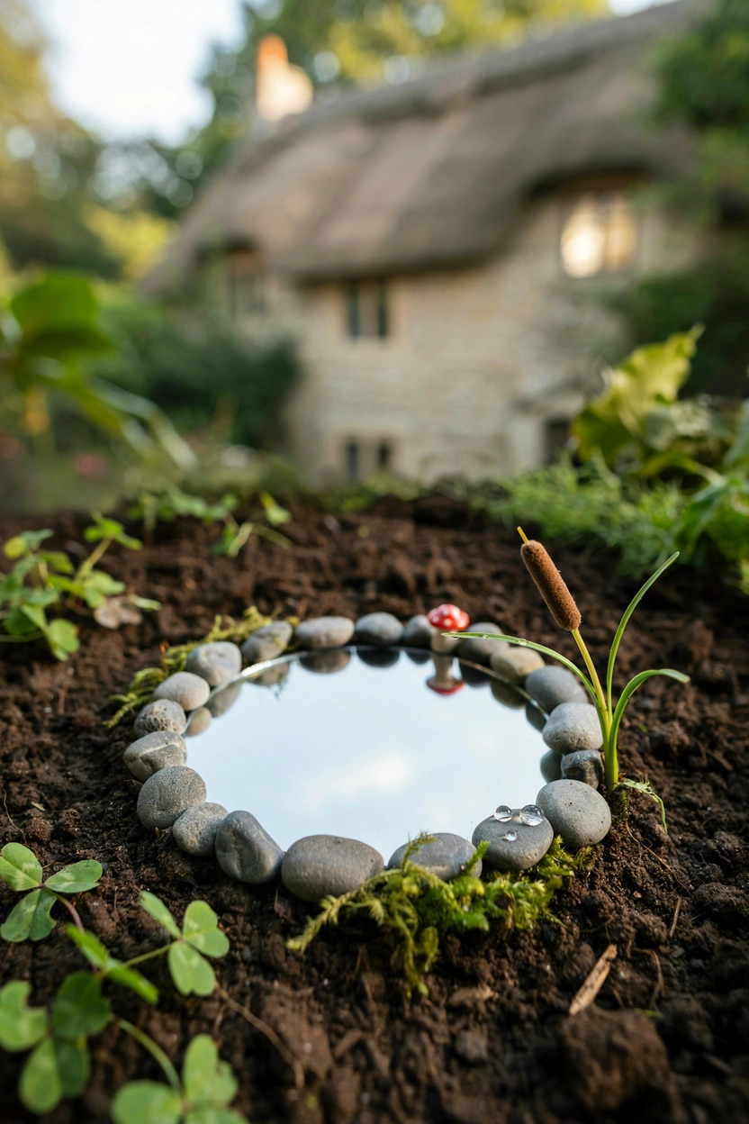 Miniature fairy garden pond using a mirror surrounded by pebbles next to a stone house