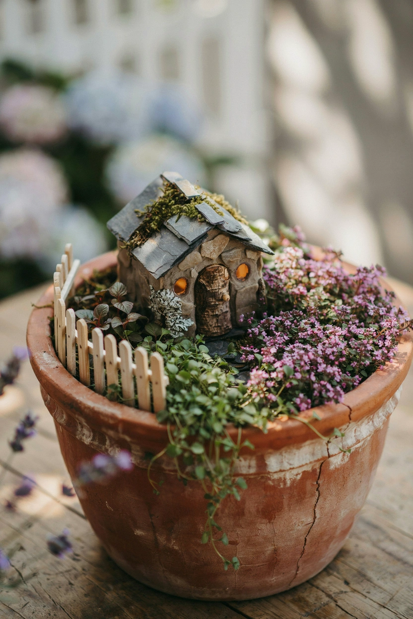 Terracotta pot fairy garden featuring a stone house surrounded by miniature pink flowers and a tiny fence