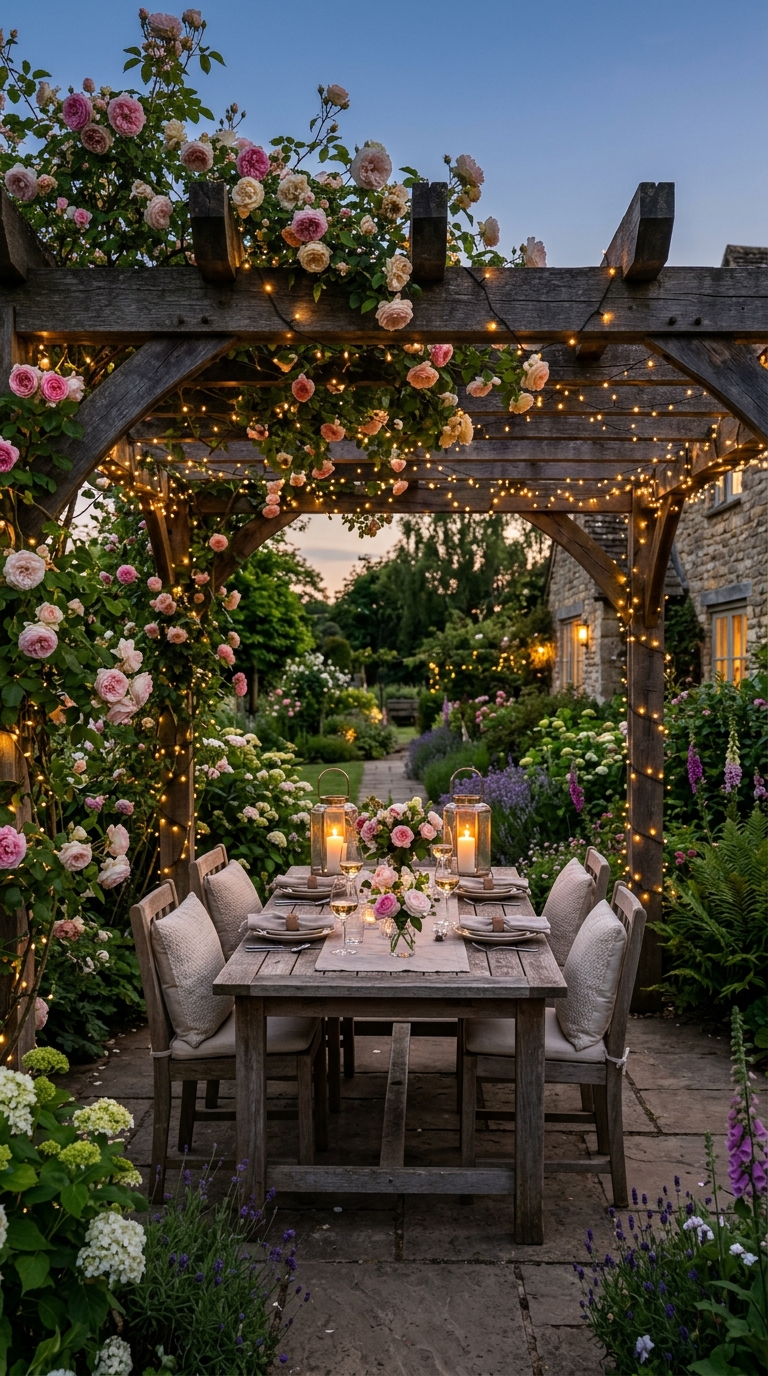 Romantic cottage garden pergola with fairy lights and rose garlands at dusk