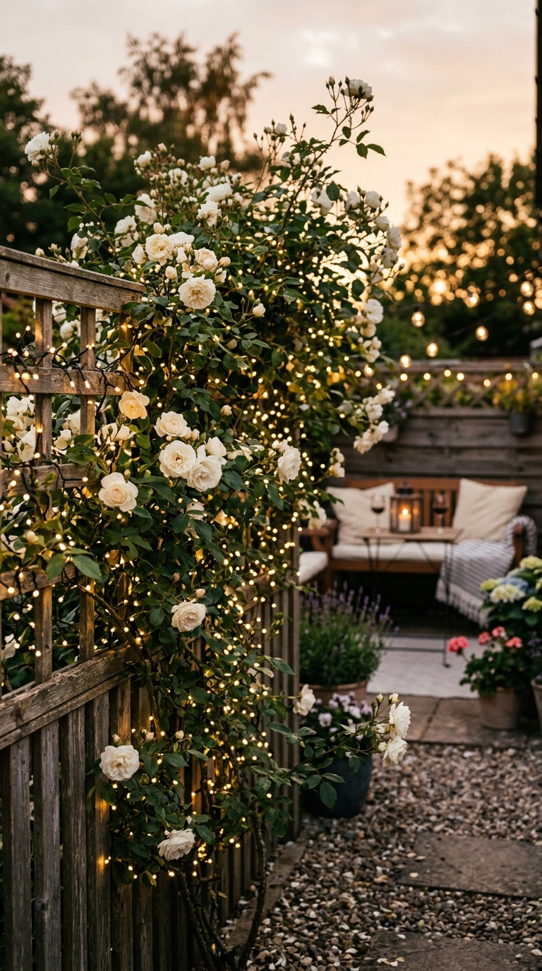 Warm white fairy lights wound through climbing roses on a wooden garden fence in the evening