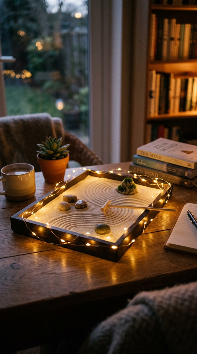 Mini zen garden with warm fairy lights for cozy evening desk decor