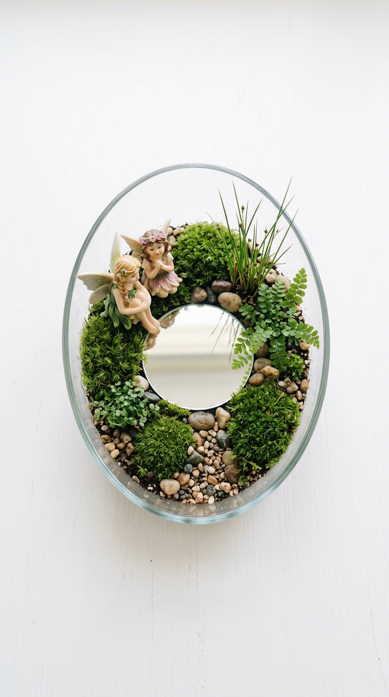 Fairy garden terrarium with mirror pond illusion, moss, and tiny fairy figurines