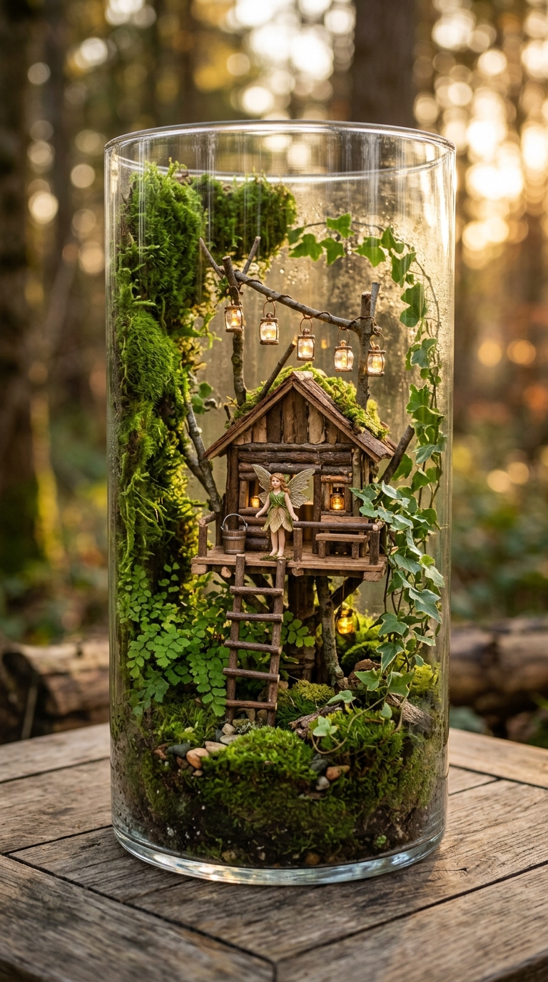 Fairy treehouse terrarium in tall glass cylinder with climbing moss and miniature lanterns