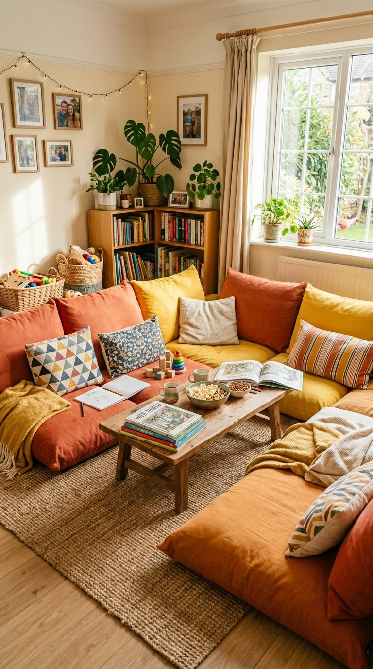 Family-friendly floor seating living room with colorful washable cushions low table, and warm natural light